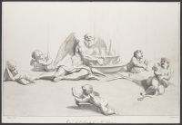Scene with a winged male figure holding laboratory equipment