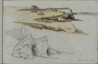 Beach with wooden structures and faint sketch of kneeling figure, grass huts on the beach (recto)