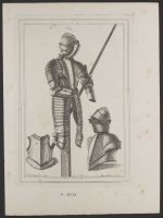 A suit of armour, a second view of the helmet and grand guard, and a breast-piece