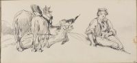 Studies of two haltered horses from the rear and a seated man