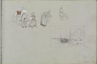 Studies of peasant figures and framed view of coastal landscape