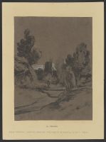 Figure in a wooded landscape with building and path