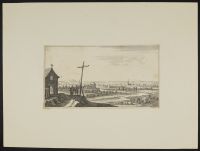 Landscape with two men standing by a wooden cross looking over a plain beneath them