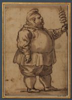 Caricature of a man holding doughnuts on a skewer (recto)