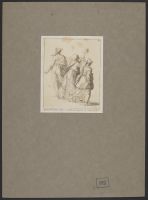Three draped female figures, two holding hands and walking to the right, the other walking to the left