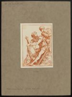 Group of three men, one seated on a ledge holding a shield