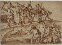 Soldiers on a bridge mocking a captive crossing a river