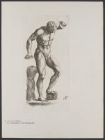 Sideview of nude male figure (satyr?) Plate 1 from Signorum veterum icones, 100 plates plus  title-page, of etchings after classical sculpture, dedicated to  Johannes Wtenbogaard and Constantijn Huygens