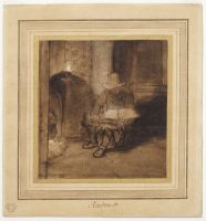 Interior, with a man seated by a fire, reading by lamplight (recto)