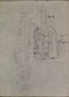 A church at the end of a street, and a sketch of eyes and nose; panorama of a town (recto)
