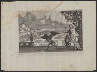 Imaginary scene with woman, demons and fanciful landscape