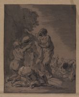 Moses striking the rock to give to drink to the children of Israel