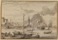 Imaginary landscape with an exotic harbour and a Dutch three-master disembarking (formerly identified as Table Bay, South Africa)