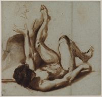 Nude figure of a young man lying on his back, with his left arm  and leg raised - probably a study for 'Apollo flaying Marsyas'