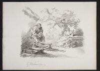 A farm boy pouring the contents of a pail into a trough, watched by a woman sitting at a table
