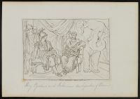King Pyrrhus of Epirus sitting attempting to bribe the Roman ambassador Fabricius by offering him an elephant