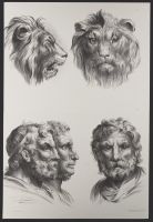 Three male human heads and two lion heads