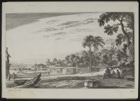 Landscape with figures by a river, classical ruins in the background