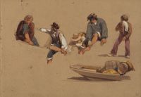 Study of men (apparently in a boat or on a quayside), and of a laden punt