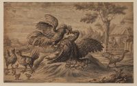 Fight between a cockerel and turkey in a poultry yard
