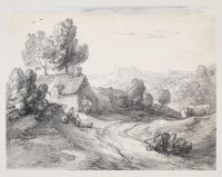 Wooded upland landscape with cottage, figures and cows