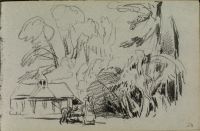 House (?) among trees, with man and woman