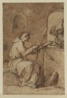 Monk in his cell presenting a tablet to two other figures outside