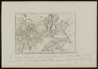 The wife of Hasdrubal, standing on a pile of ruins and holding her dead son in her arms, flees a group of soldiers