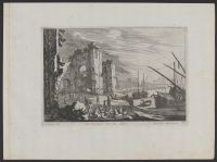 Coastal landscape with ships and ruins (?)