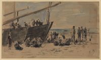 Boats and fishermen on the beach, Berck