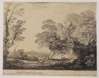 Wooded landscape with two peasant boys, donkey and cottage