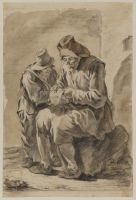 Two peasants, one seated reading a letter, the other looking on