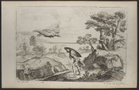 Landscape with an eagle flying towards a soldier