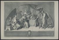 Interior scene - man in ecclesiastical dress seated, man at a  table counting out money