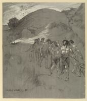 'On the March' - Stone Age families walking through barren landscape; a fire burning behind them