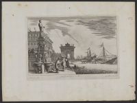 Ship in an urban harbour, near an arch and fountain