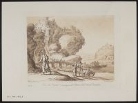 Landscape with figures in the foreground and midground, and a waterfall cascading down a hill into a river in the background