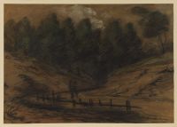 Stream running into a wood with two men fishing