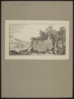 Landscape with male and female figures by an old stone structure, another figure passing on horseback