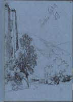 Fragment of study of old house with mountain background
