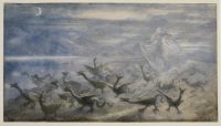 Moonlit landscape, with a witch and young dragons