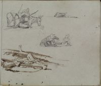 Studies of donkeys, a boat, female peasant figures, and beach