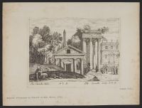 Landscape with classical buildings and a figure sat in the foreground