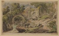 Landscape with figures by a bridge and stream
