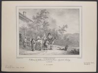 A riding party outside of a house, two dogs rest at right