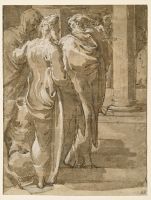 Three standing cloaked men and a seated male nude
