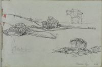 Boat masts, baskets, study of donkey, faint sketch of boat with figures