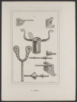 Three views of a section of a lance rest, the head of a musket rest, a coronel, and two views of the staff and handle of a tilting lance