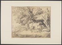 Five horses by a barn, and a man and a dog resting