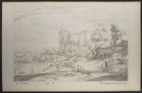 Landscape with a pond in the foreground and cliffs in the background
